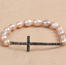 Hot Sale 7-8mm Natural Rice Pearl Stretch Bracelet with Rhinestone Cross Charm