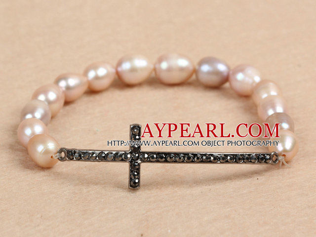 Heißer Verkaufs-7-8mm Natürliche Reis Perle Stretch-Armband mit Rhinestone-Kreuz-Charme-