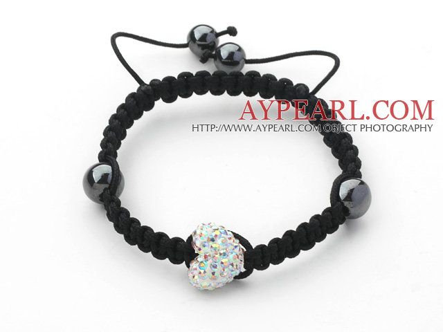 Fashion Style Heart Shape White with Colorful Rhinestone and Hematite and Black Thread Woven Adjustable Drawstring Bracelet