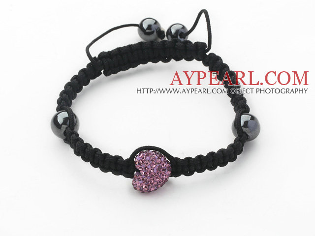 Fashion Style Herzform lila Strass und Hämatit und schwarzen Faden gewebt Kordelzug Armband
