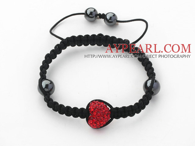 Mote Stil hjerte form Red Rhinestone og hematitt og Black Thread Woven justerbar snor armbånd