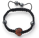 Fashion Style Heart Shape Brown Rhinestone and Hematite and Black Thread Woven Adjustable Drawstring Bracelet