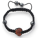 Wholesale Fashion Style Heart Shape Brown Rhinestone and Hematite and Black Thread Woven Adjustable Drawstring Bracelet