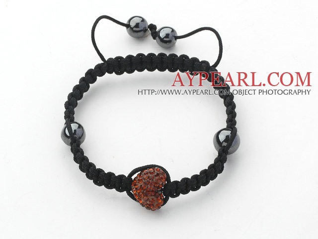 Fashion Style Heart Shape Brown Rhinestone and Hematite and Black Thread Woven Adjustable Drawstring Bracelet