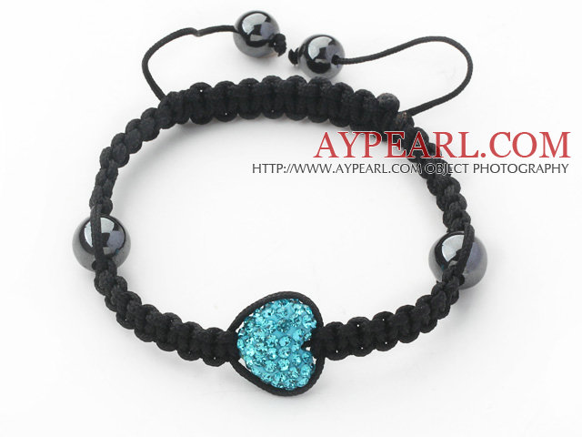 Fashion Style Heart Shape Lake Blue Rhinestone and Hematite and Black Thread Woven Adjustable Drawstring Bracelet