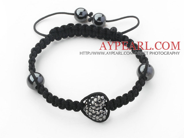 Fashion Style Heart Shape Steel Color Rhinestone and Hematite and Black Thread Woven Adjustable Drawstring Bracelet