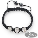 Wholesale 3 Pieces Round White Rhinestone Ball and Hematite and Black Thread Woven Adjustable Drawstring Bracelets ( Total 3 Pieces Bracelets)