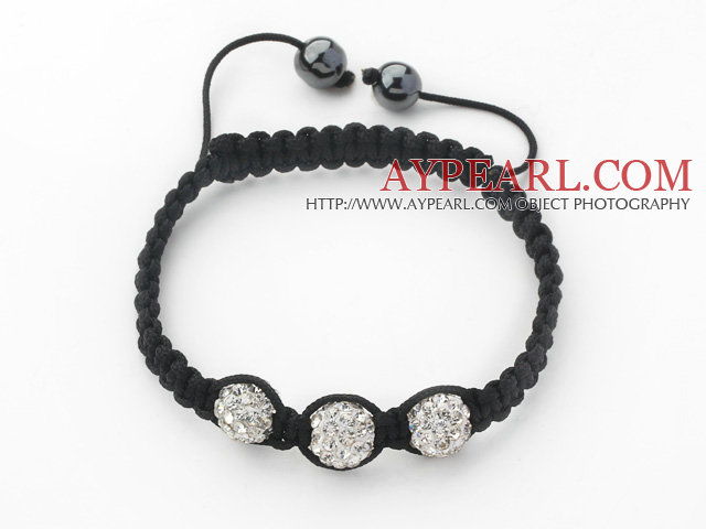 3 pièces rondes Blanc strass boule et d'hématite et de fil noir Bracelets cordon réglable tissé (Total des bracelets 3 pièces)