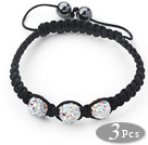 Wholesale 3 Pieces Round White with Colorful Rhinestone Ball and Hematite and Black Thread Woven Adjustable Drawstring Bracelets ( Total 3 Pieces Bracelets)