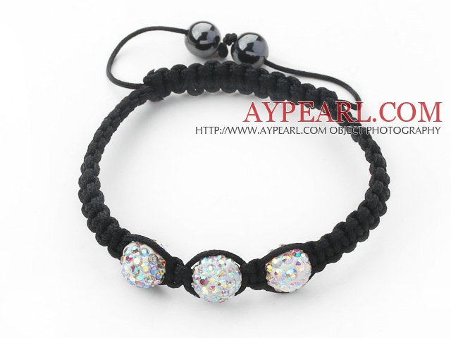 Rund 3 Stück mit bunten Strass Kugel und Hämatit und schwarzen Faden gewebt Kordelzug Armbänder (insgesamt 3 Stück Armbänder) White
