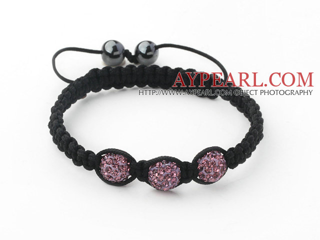 3 pièces rondes pourpre violet boule de strass et d'hématite et de fil noir Bracelets cordon réglable tissé (Total des bracelets 3 pièces)