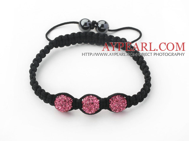 3 Pieces Round Hot Pink Rhinestone Ball and Hematite and Black Thread Woven Adjustable Drawstring Bracelets ( Total 3 Pieces Bracelets)