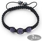 3 Pieces Round Purple Rhinestone Ball and Hematite and Black Thread Woven Adjustable Drawstring Bracelets ( Total 3 Pieces Bracelets)