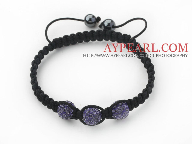 3 στρογγυλά κομμάτια Purple Ball τεχνητό διαμάντι και Αιματίτης και μαύρο νήμα που υφαίνεται σε Ρυθμιζόμενη Βραχιόλια Κορδόνι (Σύνολο 3 κομμάτια Βραχιόλια)