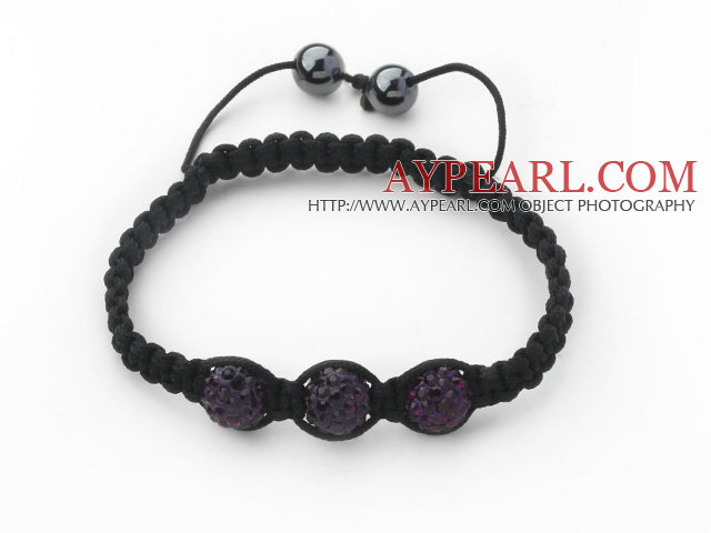 3 Pieces Round Dark Purple Rhinestone Ball and Hematite and Black Thread Woven Adjustable Drawstring Bracelets ( Total 3 Pieces Bracelets)