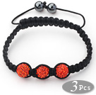 Wholesale 3 Pieces Round Orange Red Rhinestone Ball and Hematite and Black Thread Woven Adjustable Drawstring Bracelets ( Total 3 Pieces Bracelets)