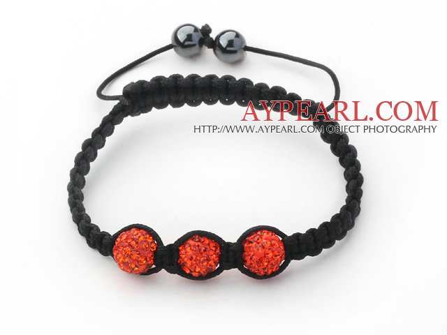 3 Pieces Round Orange Red Rhinestone Ball and Hematite and Black Thread Woven Adjustable Drawstring Bracelets ( Total 3 Pieces Bracelets)