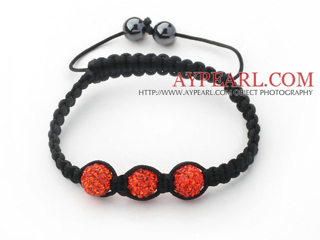 3 Deler Round Orange Red Rhinestone Ball og hematitt og Black Thread Woven justerbar snor Armbånd (totalt 3 Pieces Armbånd)