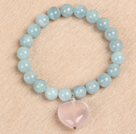 Enkelt Mote Natural Runde Aquamarine perler hjerte form Rose Quartz Charm Elastisk armbånd