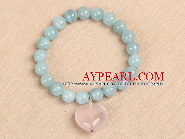 Enkel Fashion naturliga rundade Aquamarine pärlor Hjärtform Rose Quartz Charm Elastic Bracelet