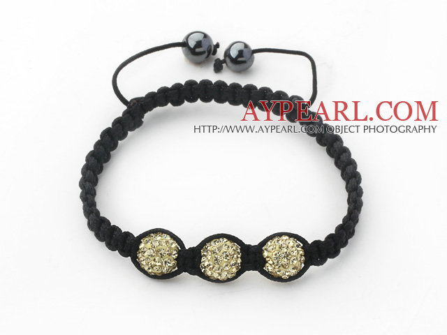 3 pièces rondes d'or Champagne boule de strass et d'hématite et de fil noir Bracelets cordon réglable tissé (Total des bracelets 3 pièces)