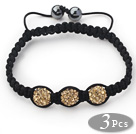 Wholesale 3 Pieces Round Yellow Brown Rhinestone Ball and Hematite and Black Thread Woven Adjustable Drawstring Bracelets ( Total 3 Pieces Bracelets)