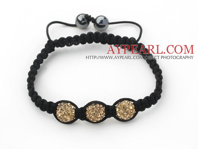 3 Pieces Round Yellow Brown Rhinestone Ball and Hematite and Black Thread Woven Adjustable Drawstring Bracelets ( Total 3 Pieces Bracelets)