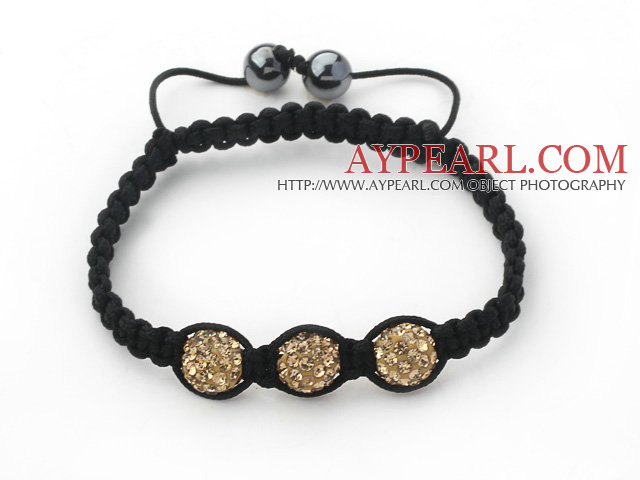 3 Deler Round Yellow Brown Rhinestone Ball og hematitt og Black Thread Woven justerbar snor Armbånd (totalt 3 Pieces Armbånd)