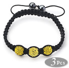 Wholesale 3 Pieces Round Bright Yellow Rhinestone Ball and Hematite and Black Thread Woven Adjustable Drawstring Bracelets ( Total 3 Pieces Bracelets)