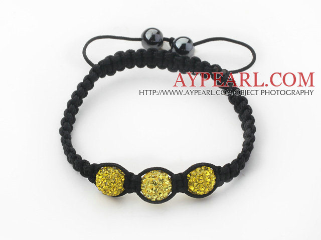 3 pièces rondes lumineux de boule de strass jaune et hématite et fil noir Bracelets cordon réglable tissé (Total des bracelets 3 pièces)