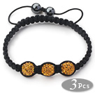 Wholesale 3 Pieces Round Dark Yellow Rhinestone Ball and Hematite and Black Thread Woven Adjustable Drawstring Bracelets ( Total 3 Pieces Bracelets)