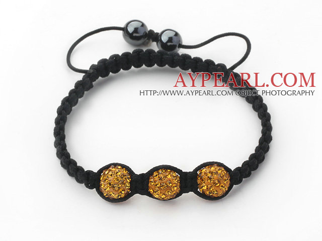 3 Pieces Round Dark Yellow Rhinestone Ball and Hematite and Black Thread Woven Adjustable Drawstring Bracelets ( Total 3 Pieces Bracelets)