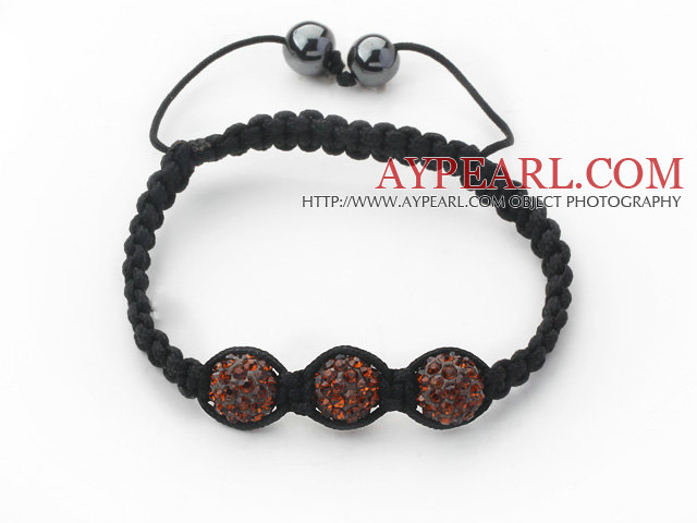 3 Pieces Round Reddish Brown Rhinestone Ball and Hematite and Black Thread Woven Adjustable Drawstring Bracelets ( Total 3 Pieces Bracelets)