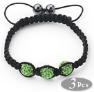 3 Pieces Round Apple Green Rhinestone Ball and Hematite and Black Thread Woven Adjustable Drawstring Bracelets ( Total 3 Pieces Bracelets)