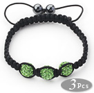 Wholesale 3 Pieces Round Apple Green Rhinestone Ball and Hematite and Black Thread Woven Adjustable Drawstring Bracelets ( Total 3 Pieces Bracelets)