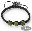 3 Pieces Round Forest Green Rhinestone Ball and Hematite and Black Thread Woven Adjustable Drawstring Bracelets ( Total 3 Pieces Bracelets)