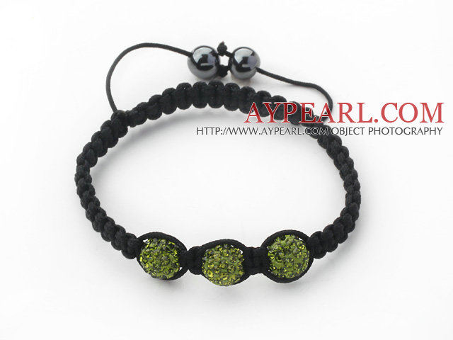 3 Pieces Round Forest Green Rhinestone Ball and Hematite and Black Thread Woven Adjustable Drawstring Bracelets ( Total 3 Pieces Bracelets)