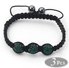 Wholesale 3 Pieces Round Dark Green Rhinestone Ball and Hematite and Black Thread Woven Adjustable Drawstring Bracelets ( Total 3 Pieces Bracelets)