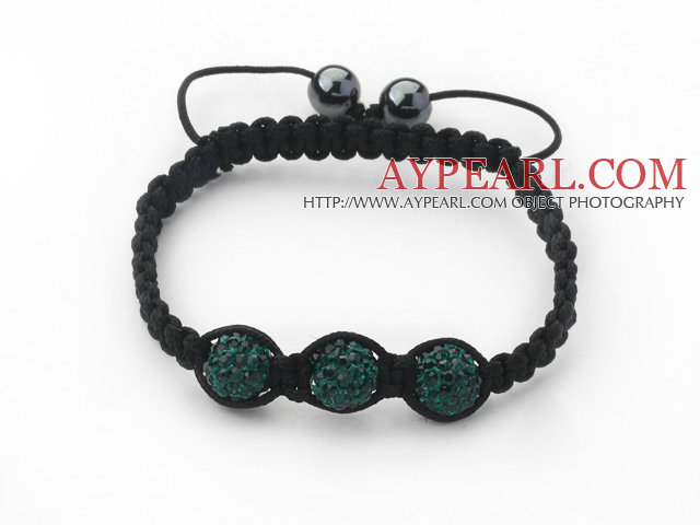 3 Pieces Round Dark Green Rhinestone Ball and Hematite and Black Thread Woven Adjustable Drawstring Bracelets ( Total 3 Pieces Bracelets)