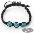 3 Pieces Round Lake Blue Rhinestone Ball and Hematite and Black Thread Woven Adjustable Drawstring Bracelets ( Total 3 Pieces Bracelets)