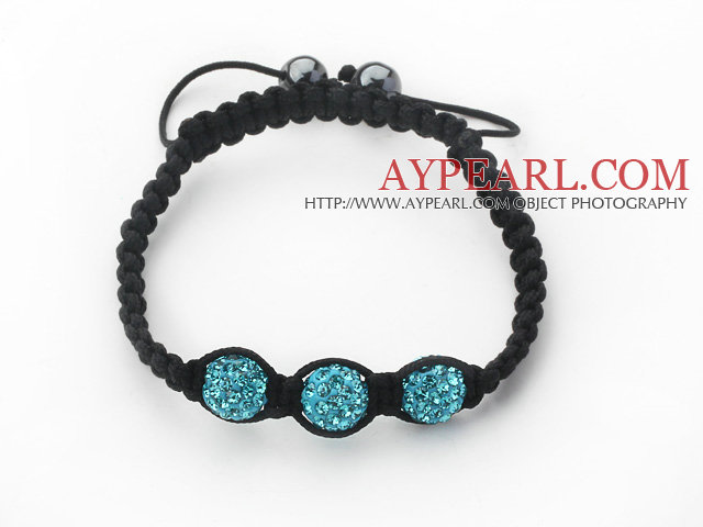 3 Pieces Round Lake Blue Rhinestone Ball and Hematite and Black Thread Woven Adjustable Drawstring Bracelets ( Total 3 Pieces Bracelets)