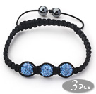 3 Pieces Round Sky Blue Rhinestone Ball and Hematite and Black Thread Woven Adjustable Drawstring Bracelets ( Total 3 Pieces Bracelets)