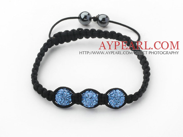 3 Pieces Round Sky Blue Rhinestone Ball and Hematite and Black Thread Woven Adjustable Drawstring Bracelets ( Total 3 Pieces Bracelets)