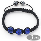 3 Pièces foncé rond à billes de strass Bleu et hématite et fil noir Bracelets cordon réglable tissé (Total des bracelets 3 pièces)