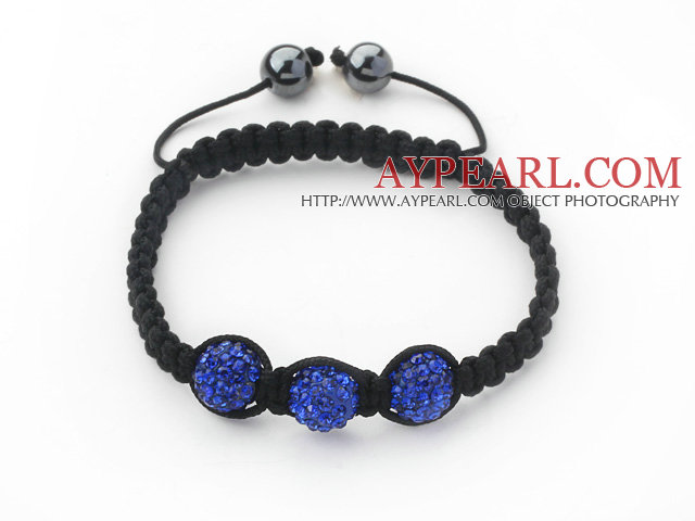 3 Pieces Round Dark Blue Rhinestone Ball and Hematite and Black Thread Woven Adjustable Drawstring Bracelets ( Total 3 Pieces Bracelets)