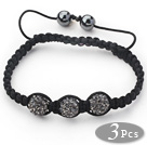 Wholesale 3 Pieces Round Dark Gray Rhinestone Ball and Hematite and Black Thread Woven Adjustable Drawstring Bracelets ( Total 3 Pieces Bracelets)