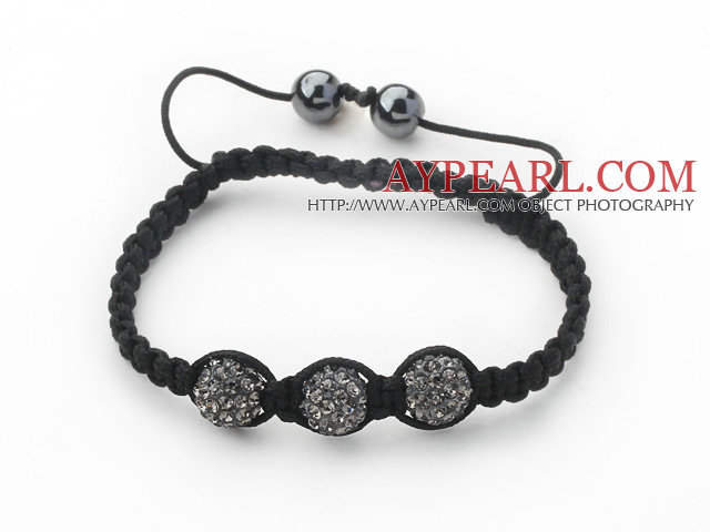 3 Pieces Round Dark Gray Rhinestone Ball and Hematite and Black Thread Woven Adjustable Drawstring Bracelets ( Total 3 Pieces Bracelets)