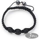 Wholesale 3 Pieces Round Black Rhinestone Ball and Hematite and Black Thread Woven Adjustable Drawstring Bracelets ( Total 3 Pieces Bracelets)