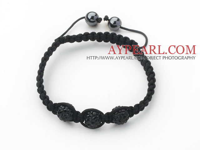 3 Pieces Round Black Rhinestone Ball and Hematite and Black Thread Woven Adjustable Drawstring Bracelets ( Total 3 Pieces Bracelets)