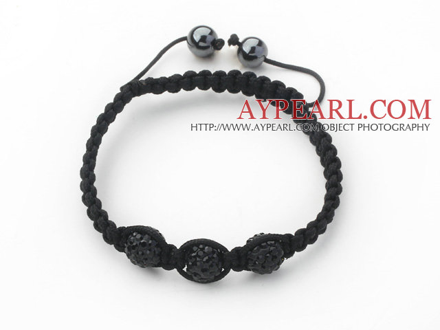 3 Deler runde svart Rhinestone Ball og hematitt og Black Thread Woven justerbar snor Armbånd (Totalt 3 Pieces Armbånd)